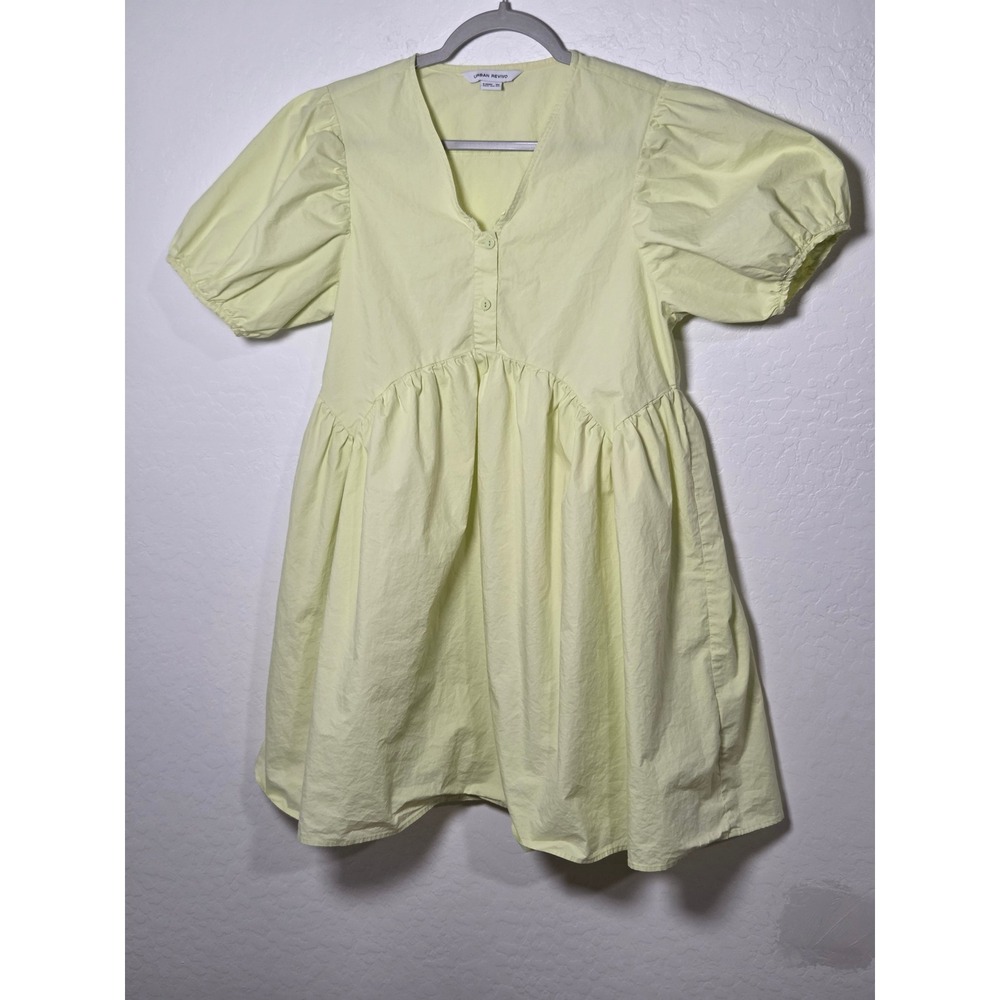 Urban Revivo Yellow Cotton Puff Sleeve Babydoll Mini Dress V-Neck Size US 6